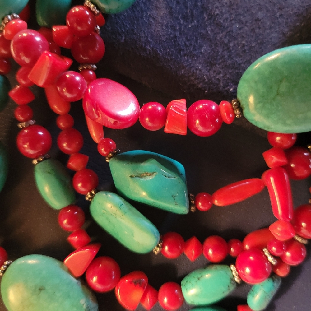 Genuine Coral, Turquoise & Silver Beaded Necklace. - Picture 2 of 6